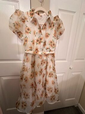 SHEIN Teen Sunflower Print Organza Shirt Dress with Puff Sleeve and Belt Sz:14Y